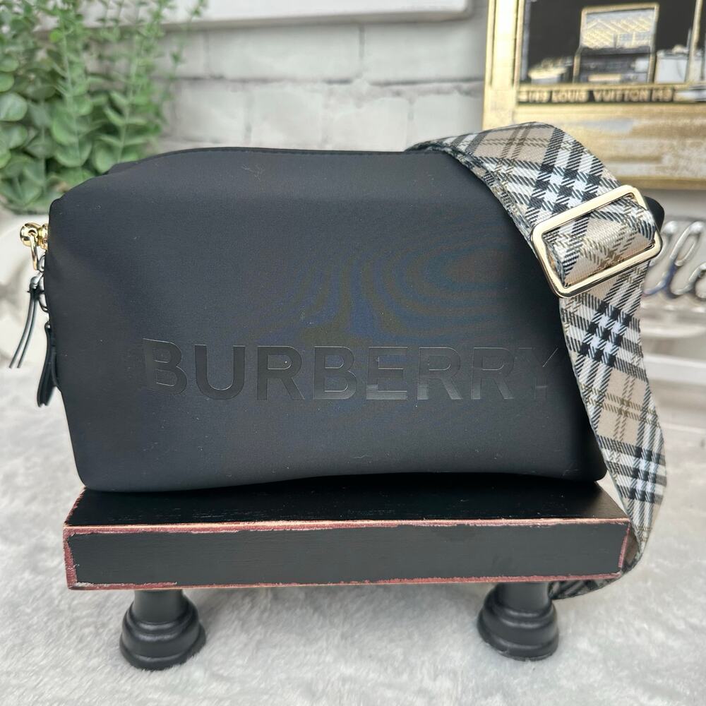 Burberry beauty black canvas pouch crossbody with plaid strap. NEW! Gift!